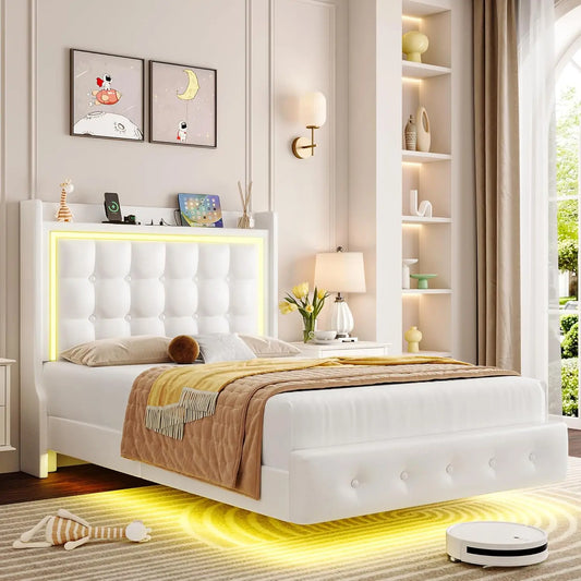 Keyluv Upholstered Queen Floating Bed Frame with LED Lights and Charging Station, Pu Leather Platform Bed