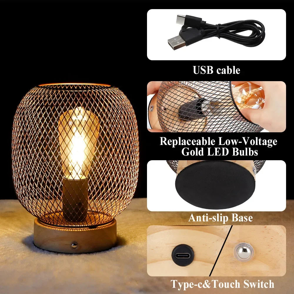 Dimmable Touch Bedside Table Lamp Metal Rechargeable Battery Powered with LED Bulb for Weddings Patio