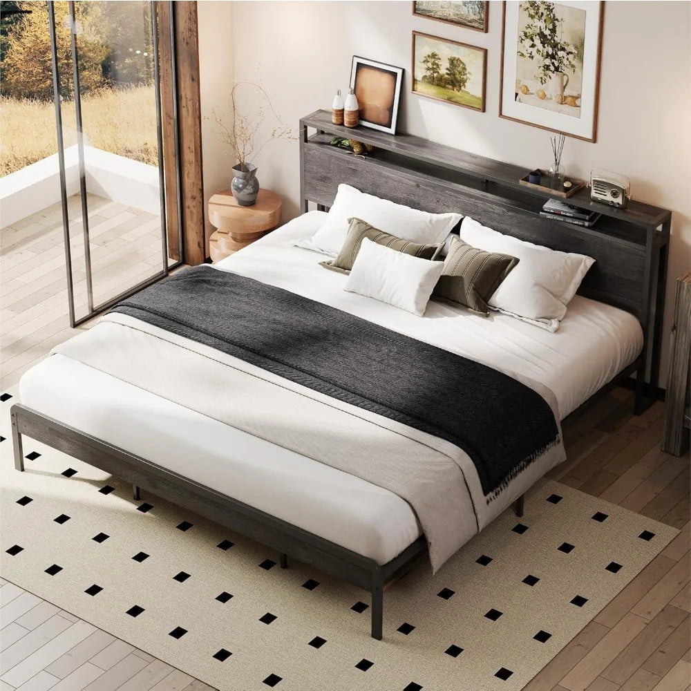 LIKIMIO California King Bed Frame with Headboard, Dark Wood Camas California King with Strong Supports