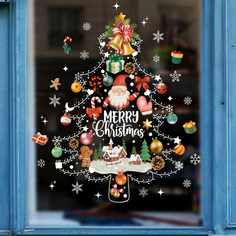 2024 Christmas Window Stickers Santa Claus Xmas Tree Cartoon Glass Decal Merry Christmas New Year Holiday