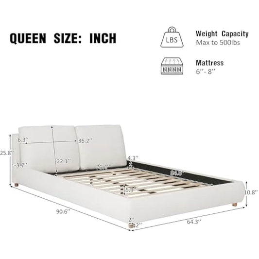 Merax Queen Size Boucle Fabric Upholstered Platform Bed with Two Removable Pillow Headboard, Wood Bed Frame