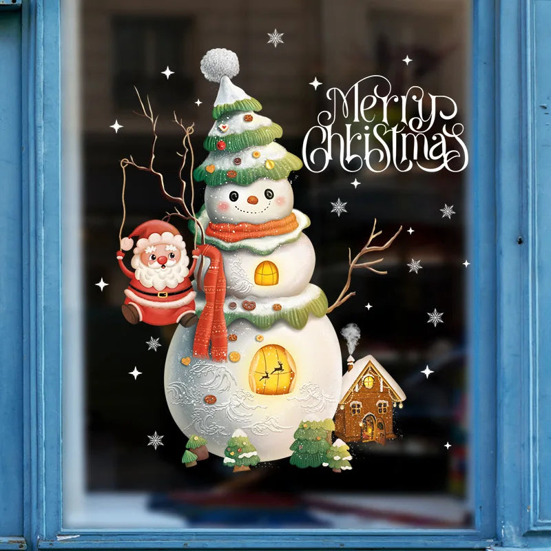 2024 Christmas Window Stickers Santa Claus Xmas Tree Cartoon Glass Decal Merry Christmas New Year Holiday