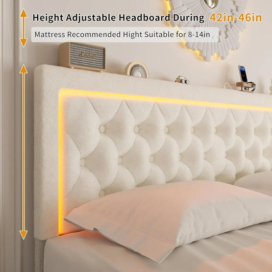 Ucloveria Full Size Bed Frame with 4 Storage Drawers, Upholstered Platform Bed with Type-C & USB Ports, Adjustable