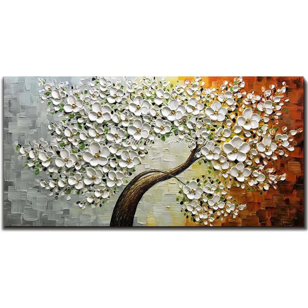 Mintura Hand-painted Abstract Knife Little White Flower Oil Painting on Canvas,Wall Art Pictures for Living Room