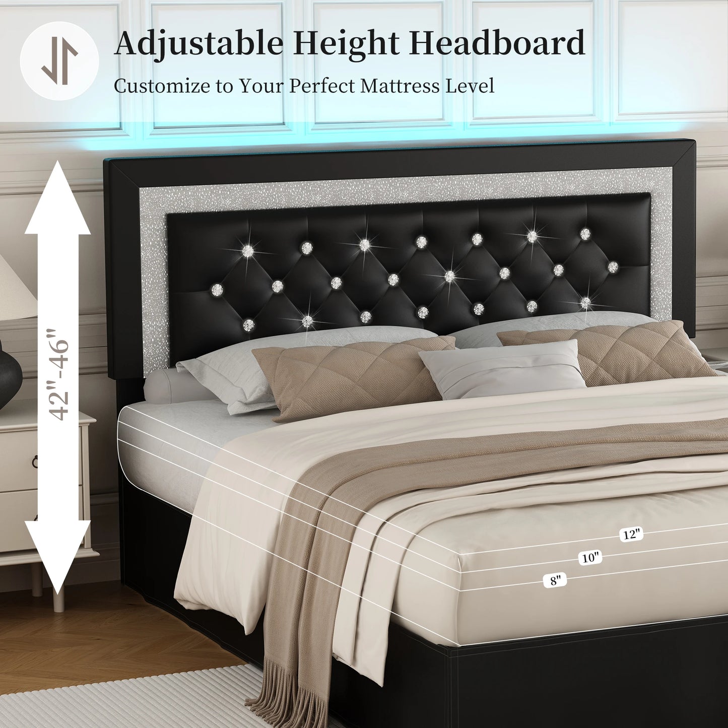 SIBEDS Queen Bed Frame with LED Lights, Adjustable Headboard, Tufted Linen Upholstery, Skirt, Wood Slats, Easy Assembly