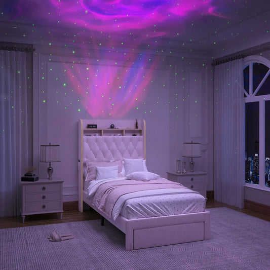 Queen LED Bed Frame with Storage, Star Projector, Charging Station, 2-Tier Headboard, PU Leather Bed