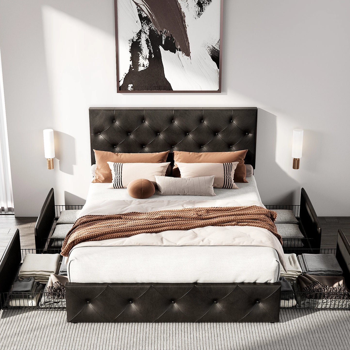 HOOMIC Platform Storage Bed Frame with 4 Drawers & Adjustable Headboard, Diamond Stitched Button Tufted Allewie