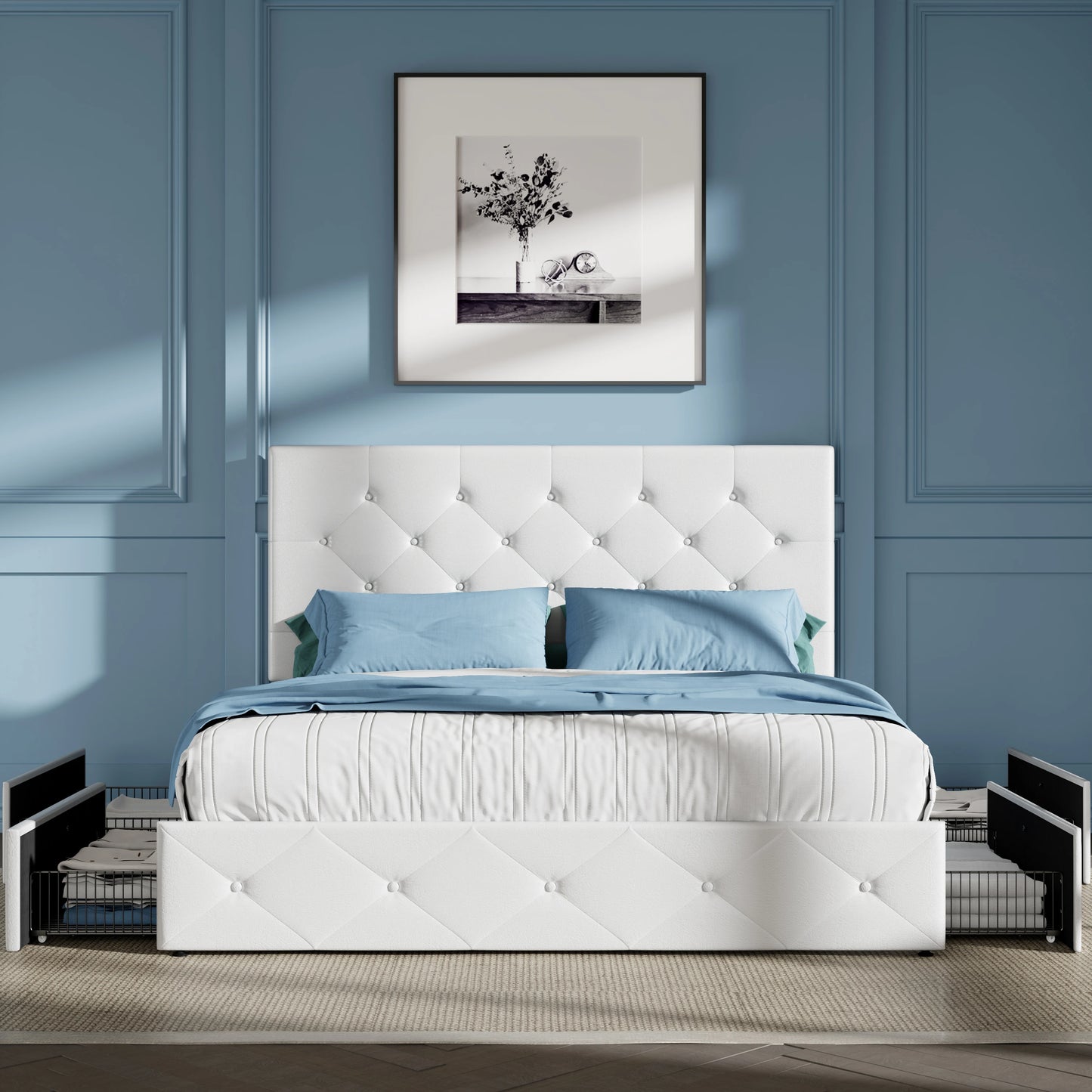 HOOMIC Platform Storage Bed Frame with 4 Drawers & Adjustable Headboard, Diamond Stitched Button Tufted Allewie