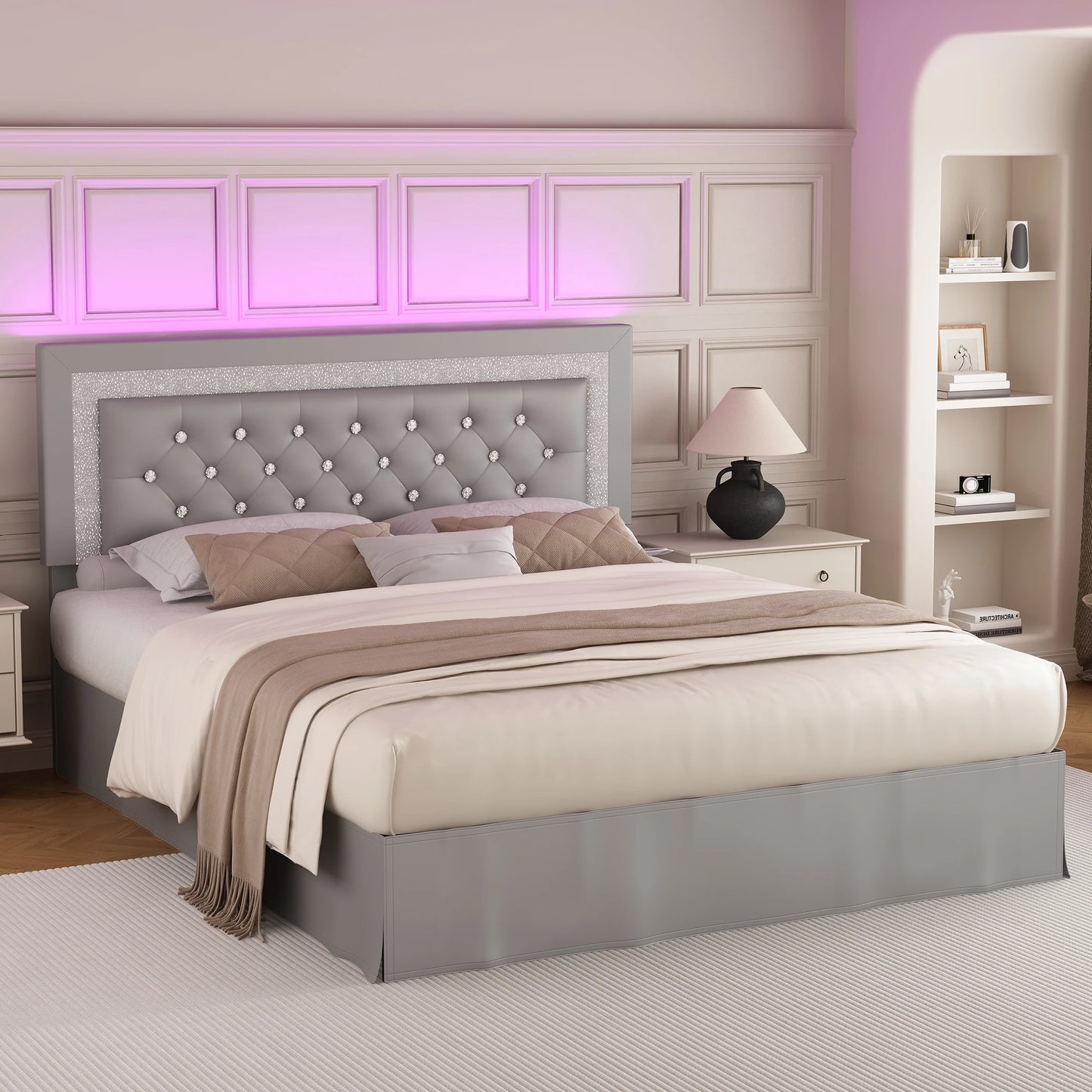 SIBEDS Queen Bed Frame with LED Lights, Adjustable Headboard, Tufted Linen Upholstery, Skirt, Wood Slats, Easy Assembly