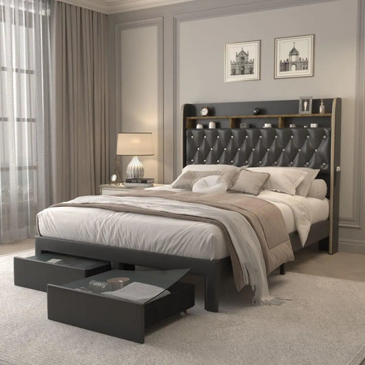 Queen LED Bed Frame with Storage, Star Projector, Charging Station, 2-Tier Headboard, PU Leather Bed