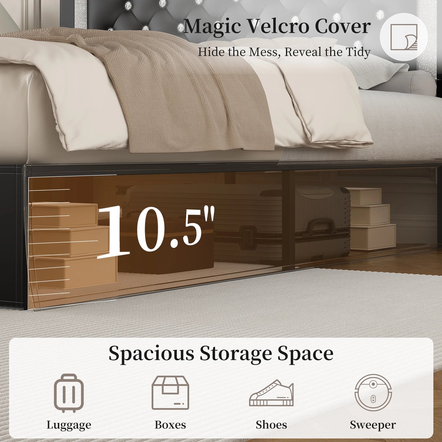 SIBEDS Queen Bed Frame with LED Lights, Adjustable Headboard, Tufted Linen Upholstery, Skirt, Wood Slats, Easy Assembly