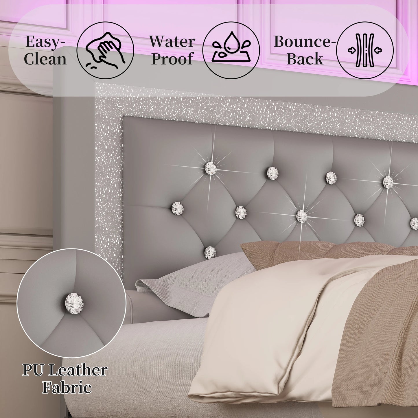 SIBEDS Queen Bed Frame with LED Lights, Adjustable Headboard, Tufted Linen Upholstery, Skirt, Wood Slats, Easy Assembly