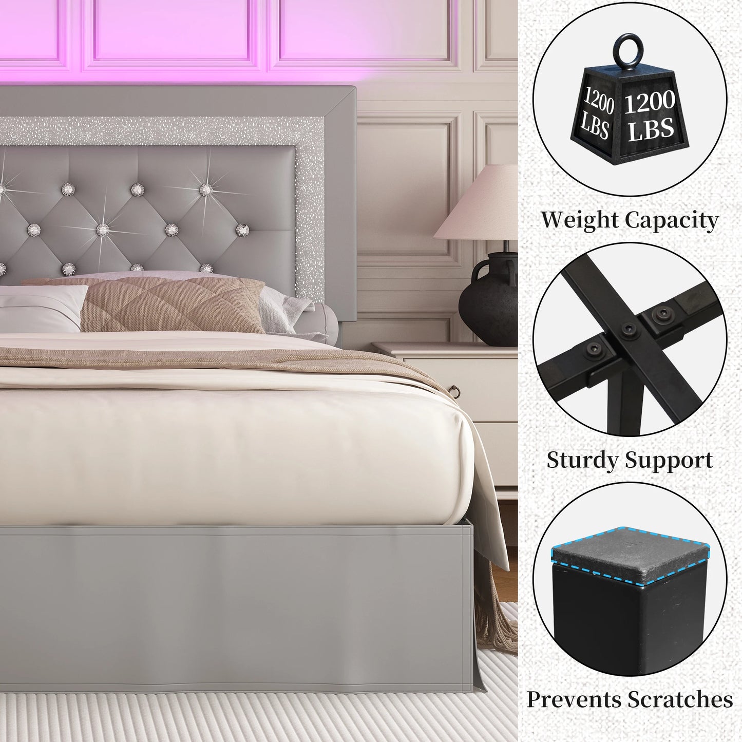 SIBEDS Queen Bed Frame with LED Lights, Adjustable Headboard, Tufted Linen Upholstery, Skirt, Wood Slats, Easy Assembly