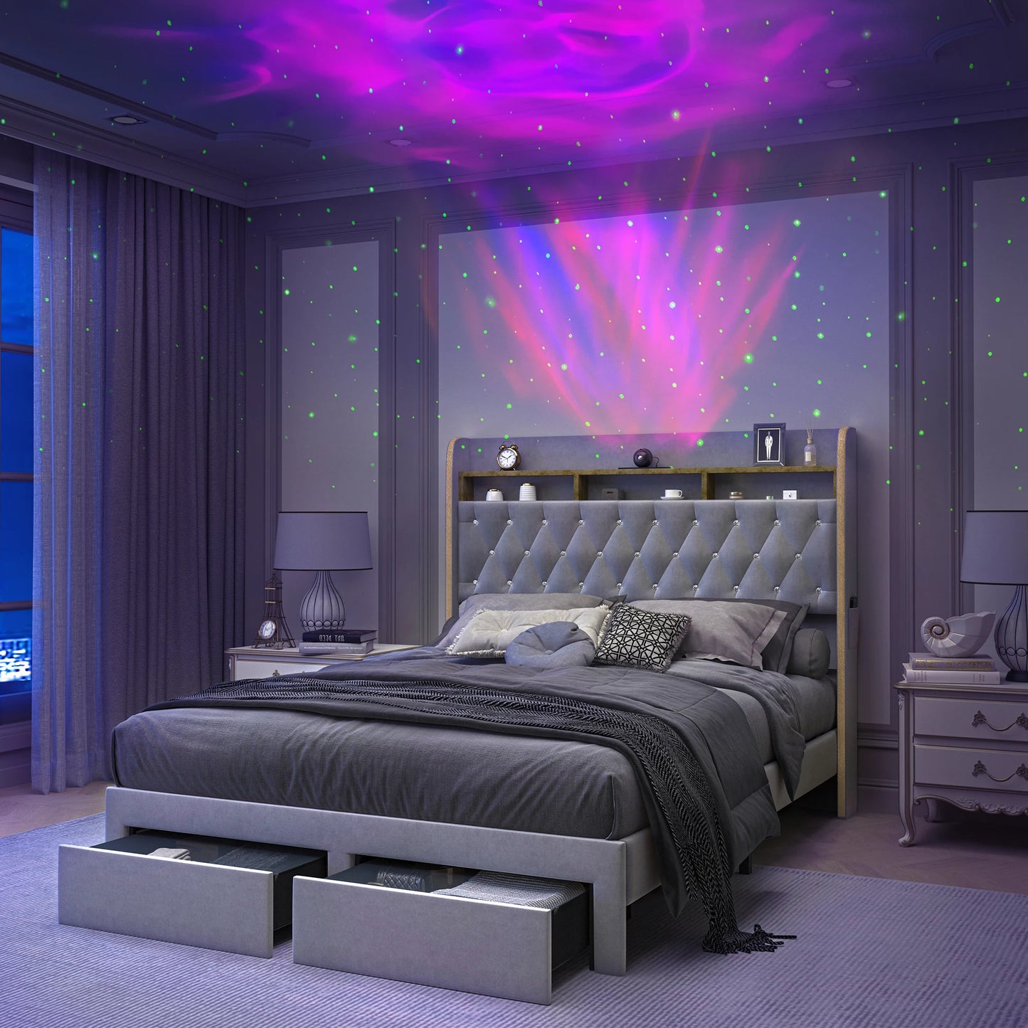 Queen LED Bed Frame with Storage, Star Projector, Charging Station, 2-Tier Headboard, PU Leather Bed
