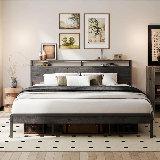 LIKIMIO California King Bed Frame with Headboard, Dark Wood Camas California King with Strong Supports