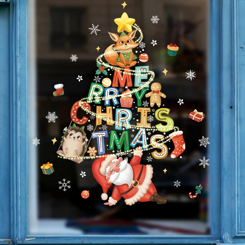 2024 Christmas Window Stickers Santa Claus Xmas Tree Cartoon Glass Decal Merry Christmas New Year Holiday