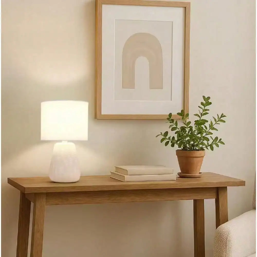 11.02 in. White Mini Modern Ceramic Texture Pastel Accent Bedside Table Desk Lamp with Matching Fabric Shade