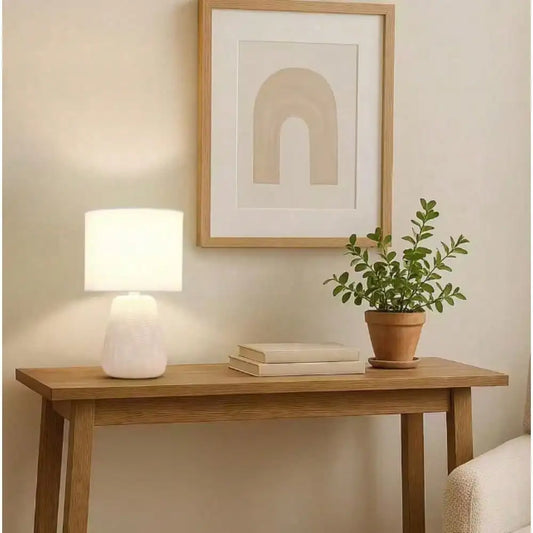 11.02 in. White Mini Modern Ceramic Texture Pastel Accent Bedside Table Desk Lamp with Matching Fabric Shade