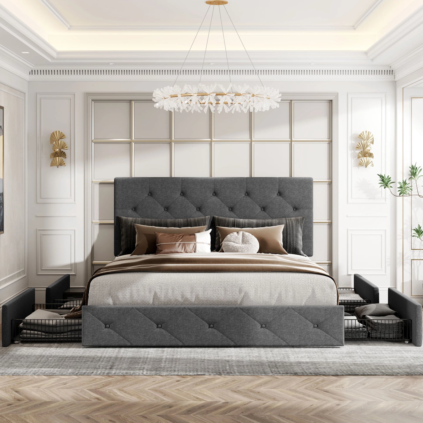 HOOMIC Platform Storage Bed Frame with 4 Drawers & Adjustable Headboard, Diamond Stitched Button Tufted Allewie