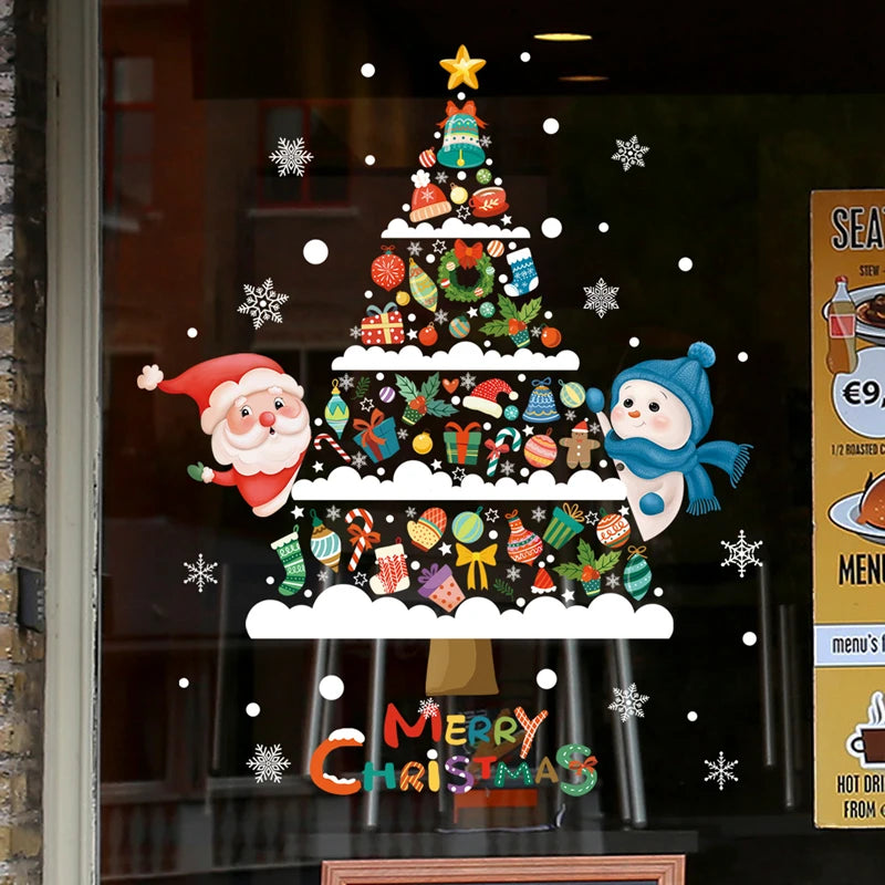 2024 Christmas Window Stickers Santa Claus Xmas Tree Cartoon Glass Decal Merry Christmas New Year Holiday