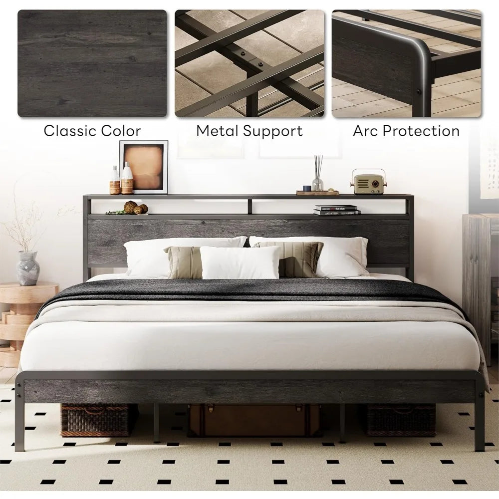 LIKIMIO California King Bed Frame with Headboard, Dark Wood Camas California King with Strong Supports