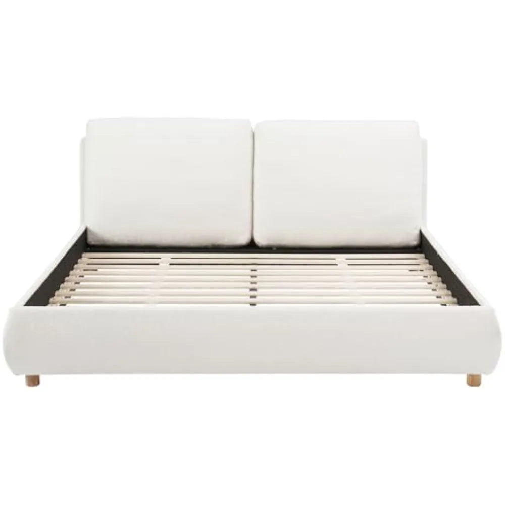 Merax Queen Size Boucle Fabric Upholstered Platform Bed with Two Removable Pillow Headboard, Wood Bed Frame