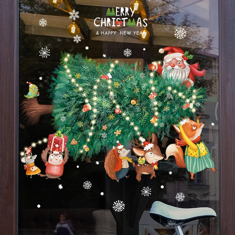 2024 Christmas Window Stickers Santa Claus Xmas Tree Cartoon Glass Decal Merry Christmas New Year Holiday