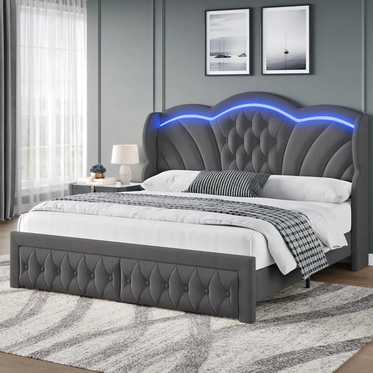 Queen Bed Frame Arc-Shaped LED Lights and 47.2" Height Wingback Bed, Button Tufted Headboard and Footboard