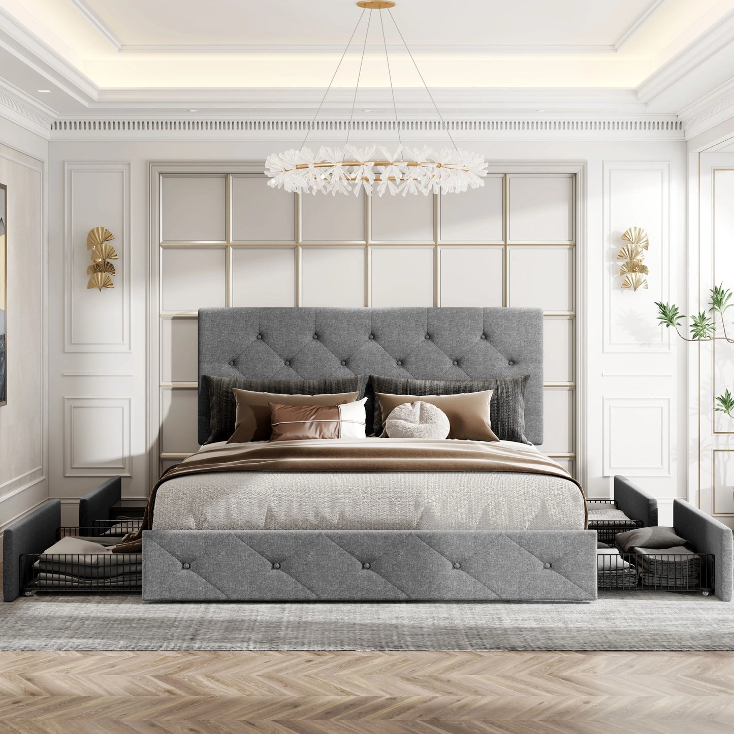 HOOMIC Platform Storage Bed Frame with 4 Drawers & Adjustable Headboard, Diamond Stitched Button Tufted Allewie