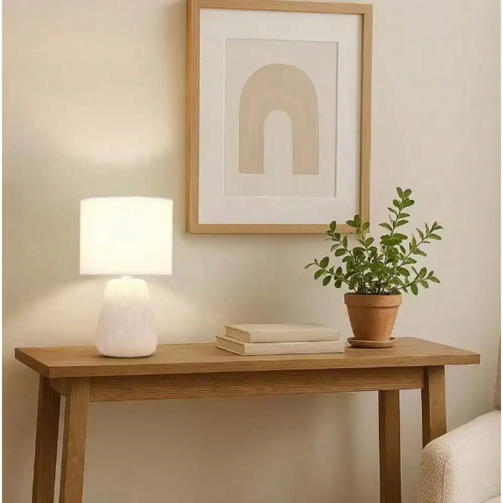 11.02 in. White Mini Modern Ceramic Texture Pastel Accent Bedside Table Desk Lamp with Matching Fabric Shade
