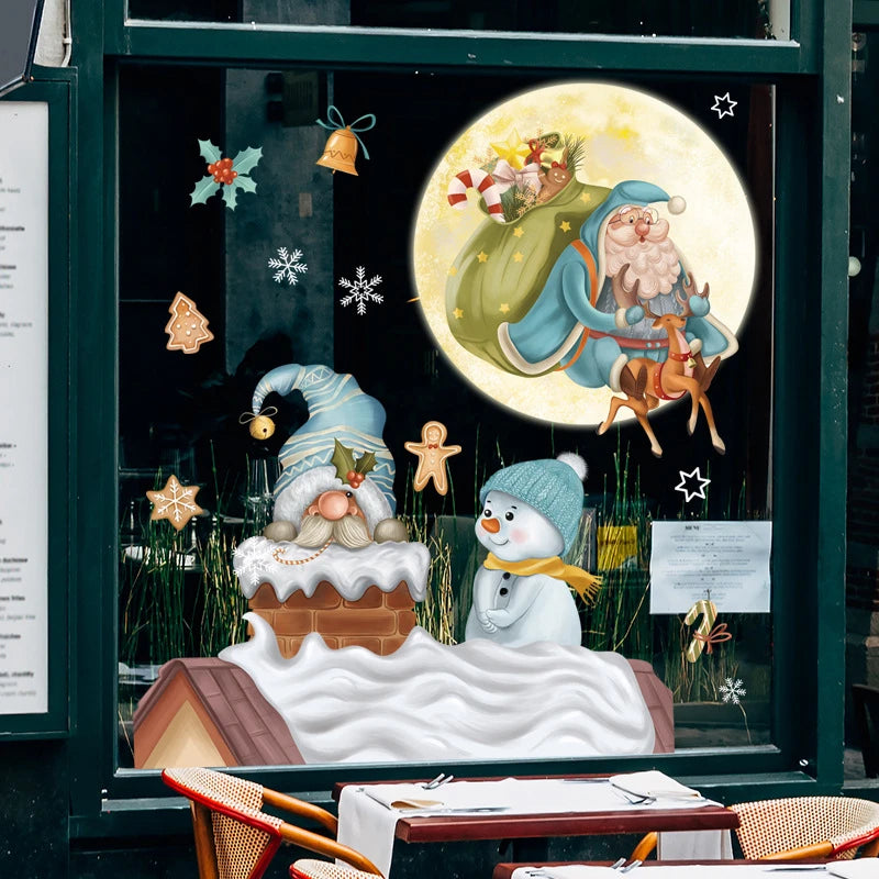 2024 Christmas Window Stickers Santa Claus Xmas Tree Cartoon Glass Decal Merry Christmas New Year Holiday