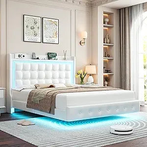 Keyluv Upholstered Queen Floating Bed Frame with LED Lights and Charging Station, Pu Leather Platform Bed