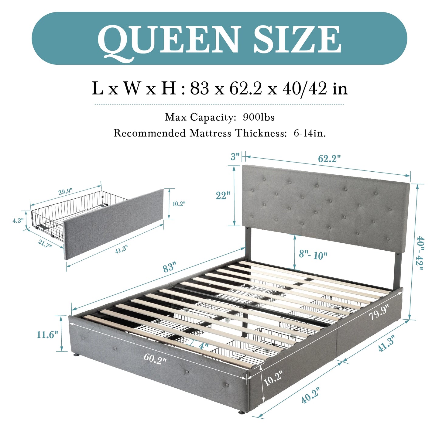HOOMIC Platform Storage Bed Frame with 4 Drawers & Adjustable Headboard, Diamond Stitched Button Tufted Allewie
