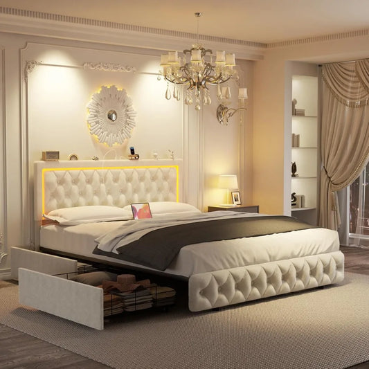 Ucloveria Full Size Bed Frame with 4 Storage Drawers, Upholstered Platform Bed with Type-C & USB Ports, Adjustable