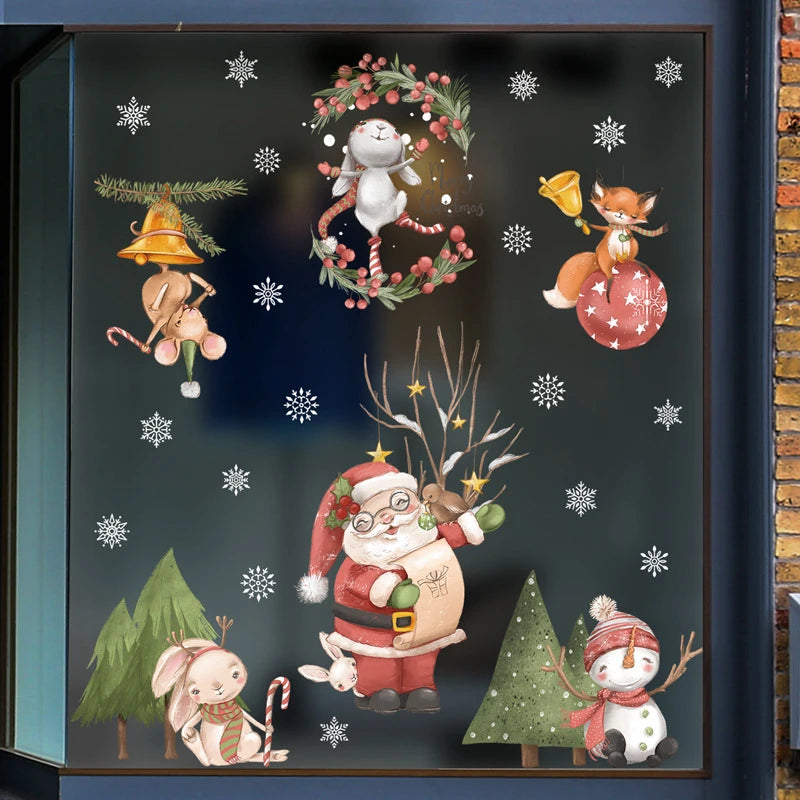 2024 Christmas Window Stickers Santa Claus Xmas Tree Cartoon Glass Decal Merry Christmas New Year Holiday