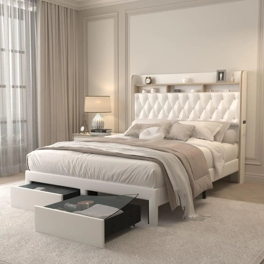 Queen LED Bed Frame with Storage, Star Projector, Charging Station, 2-Tier Headboard, PU Leather Bed