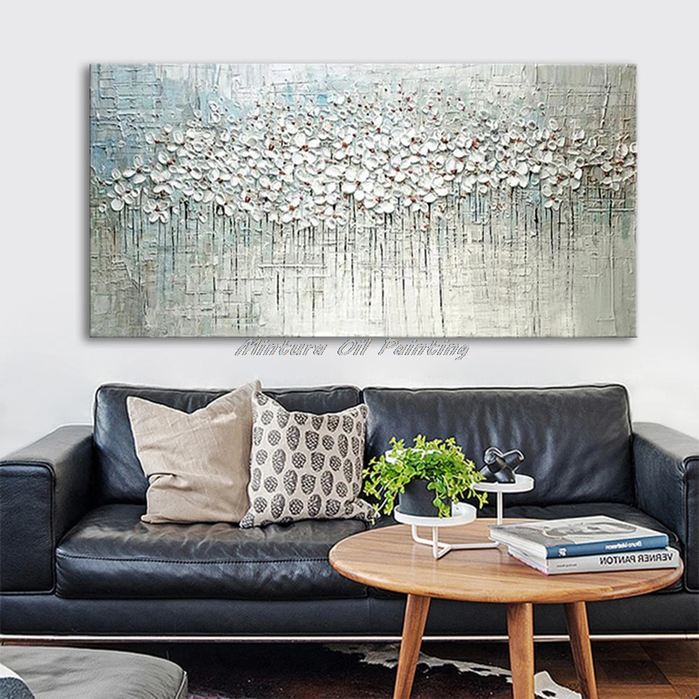 Mintura Hand-painted Abstract Knife Little White Flower Oil Painting on Canvas,Wall Art Pictures for Living Room
