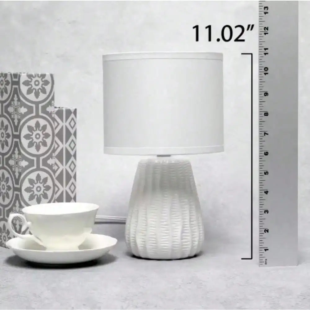 11.02 in. White Mini Modern Ceramic Texture Pastel Accent Bedside Table Desk Lamp with Matching Fabric Shade