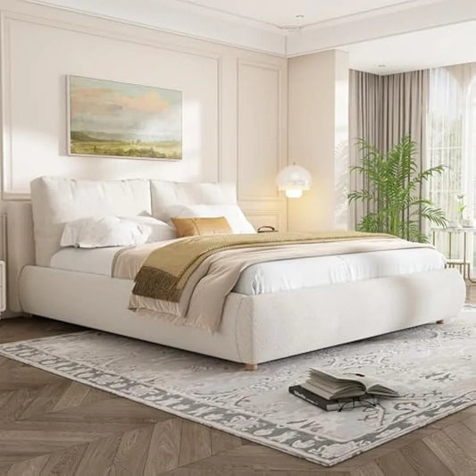 Merax Queen Size Boucle Fabric Upholstered Platform Bed with Two Removable Pillow Headboard, Wood Bed Frame