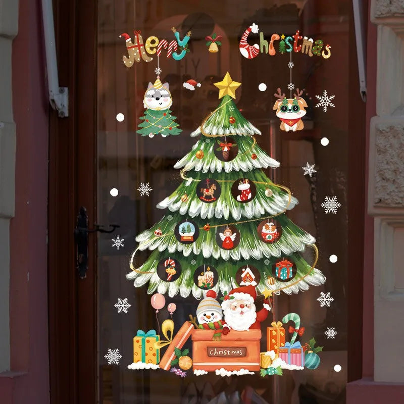 2024 Christmas Window Stickers Santa Claus Xmas Tree Cartoon Glass Decal Merry Christmas New Year Holiday