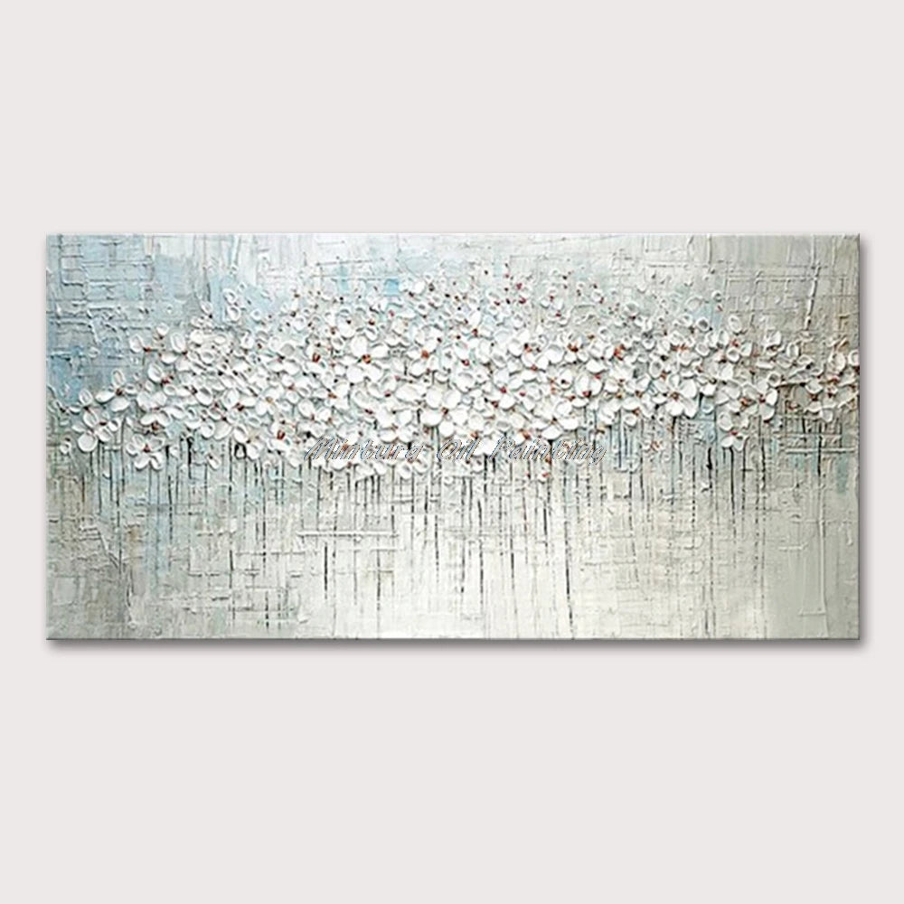 Mintura Hand-painted Abstract Knife Little White Flower Oil Painting on Canvas,Wall Art Pictures for Living Room