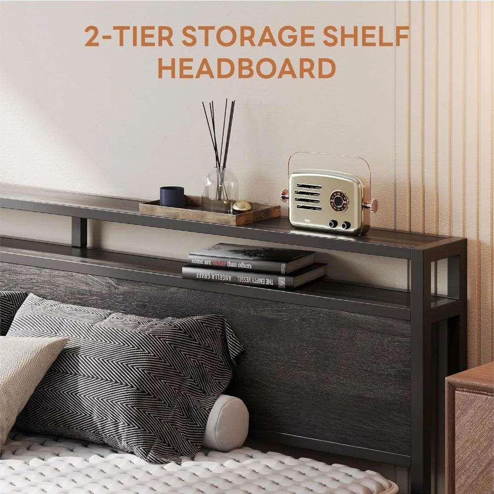 LIKIMIO California King Bed Frame with Headboard, Dark Wood Camas California King with Strong Supports