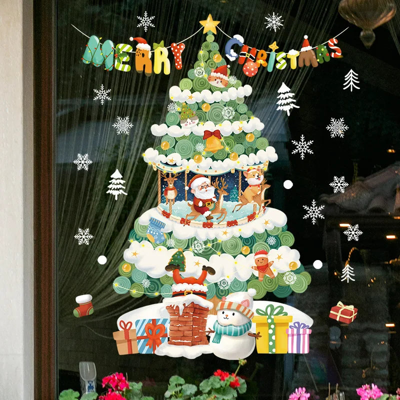 2024 Christmas Window Stickers Santa Claus Xmas Tree Cartoon Glass Decal Merry Christmas New Year Holiday