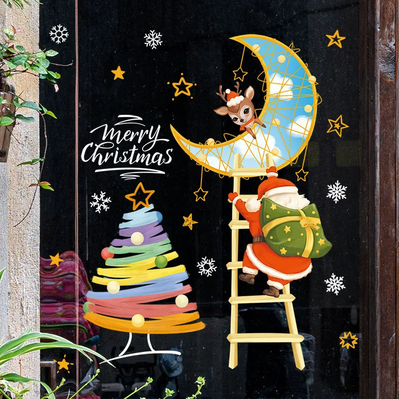 2024 Christmas Window Stickers Santa Claus Xmas Tree Cartoon Glass Decal Merry Christmas New Year Holiday