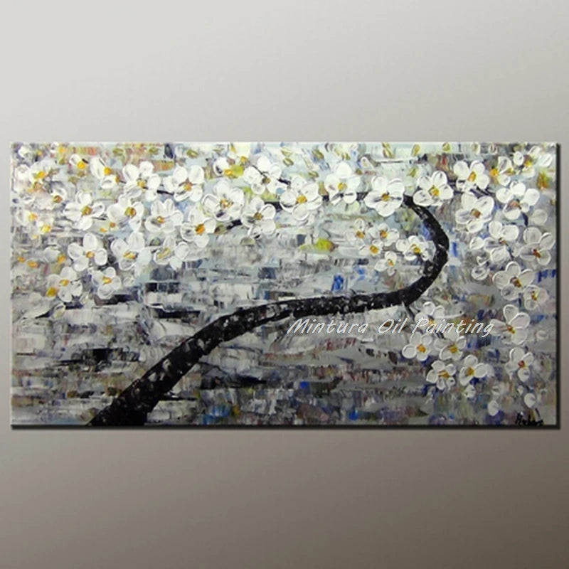Mintura Hand-painted Abstract Knife Little White Flower Oil Painting on Canvas,Wall Art Pictures for Living Room
