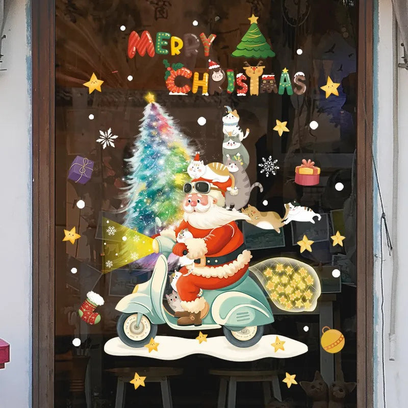 2024 Christmas Window Stickers Santa Claus Xmas Tree Cartoon Glass Decal Merry Christmas New Year Holiday