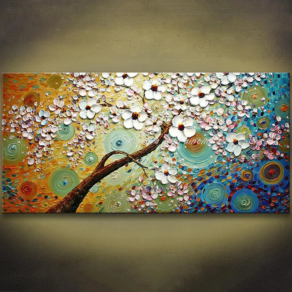 Mintura Hand-painted Abstract Knife Little White Flower Oil Painting on Canvas,Wall Art Pictures for Living Room