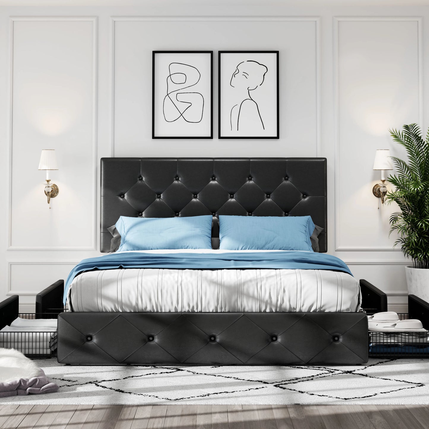 HOOMIC Platform Storage Bed Frame with 4 Drawers & Adjustable Headboard, Diamond Stitched Button Tufted Allewie