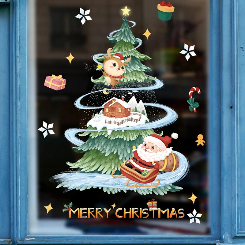 2024 Christmas Window Stickers Santa Claus Xmas Tree Cartoon Glass Decal Merry Christmas New Year Holiday