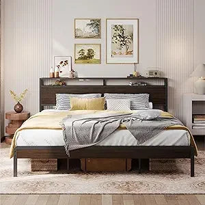 LIKIMIO California King Bed Frame with Headboard, Dark Wood Camas California King with Strong Supports